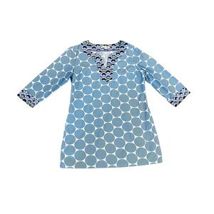 Boden Cotton Tunic Dress Blue Green Size 8 Geometric Polka Dot Long Sleeve Retro